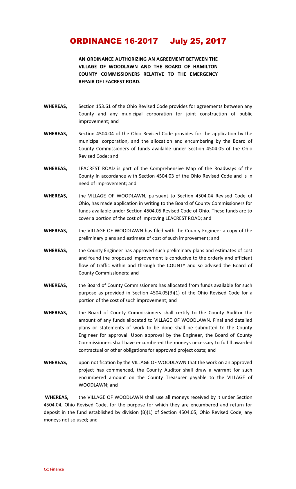 An Ordinance Authorizing an Agreement Between the Village of Woodlawn and the Board Of