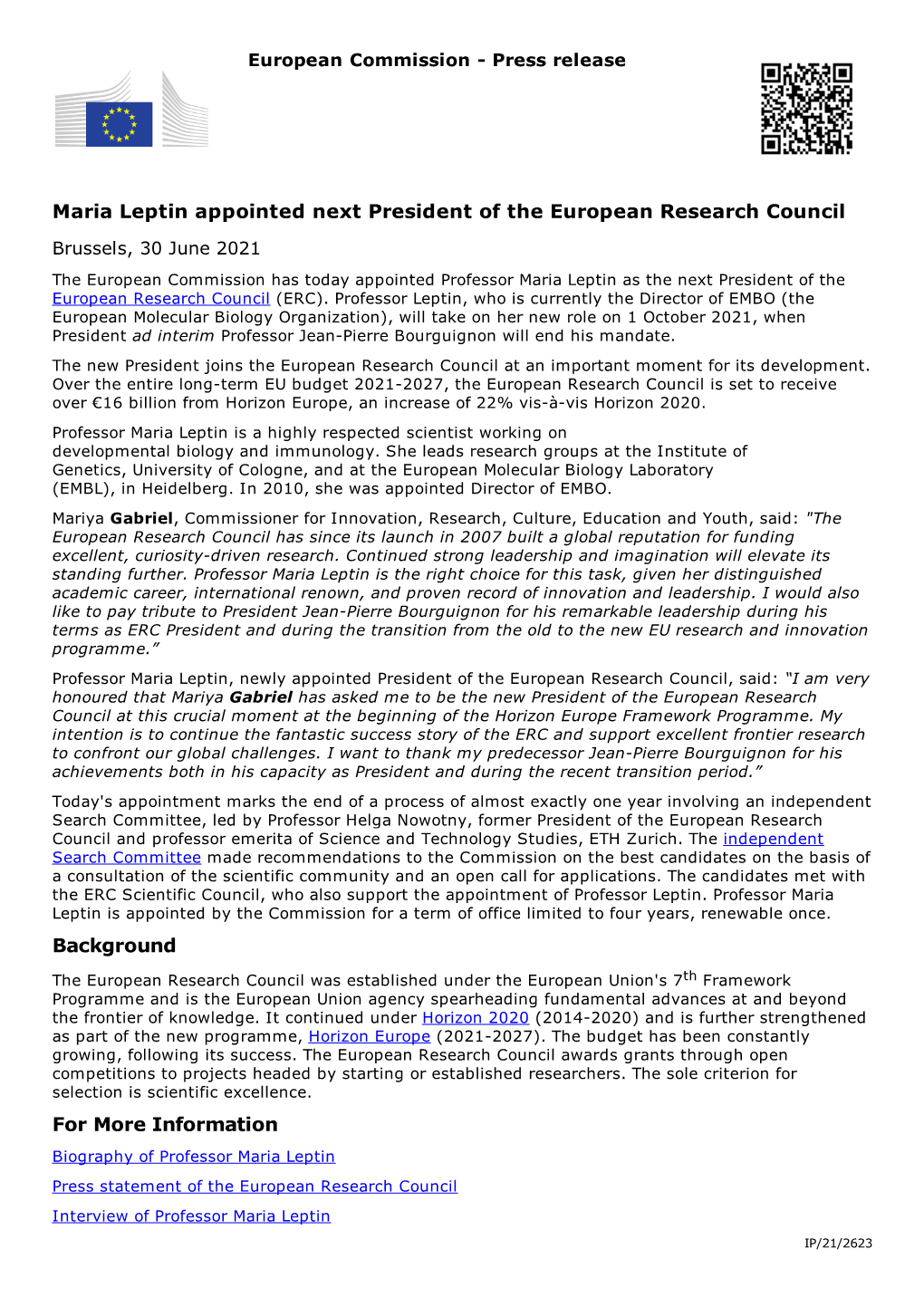 Maria Leptin Appointed Next President of the European Research Council