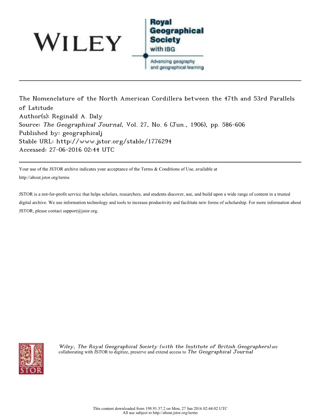 The Nomenclature of the North American Cordillera Between the 47Th and 53Rd Parallels of Latitude Author(S): Reginald A