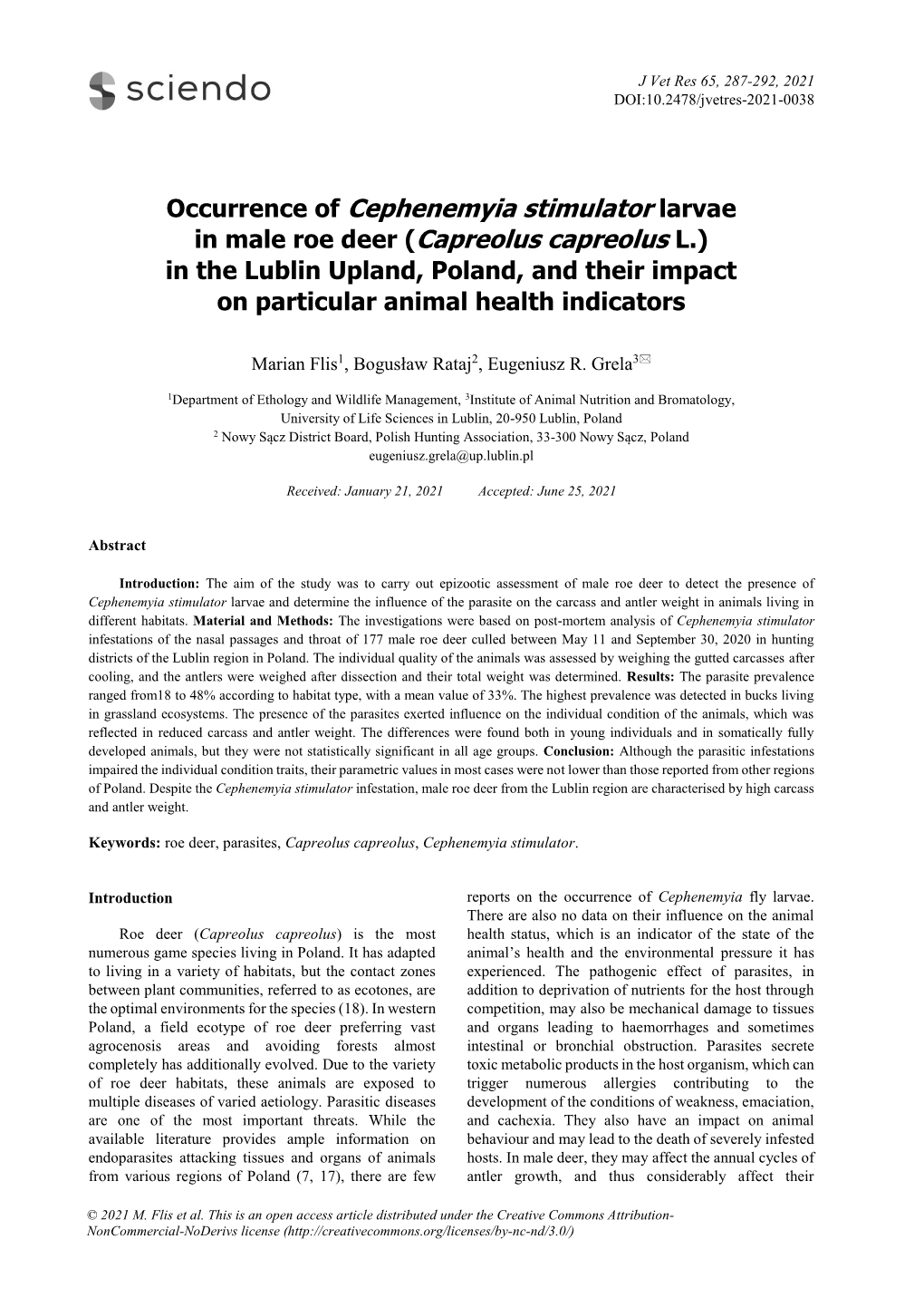 Occurrence of Cephenemyia Stimulator in Male Roe Deer