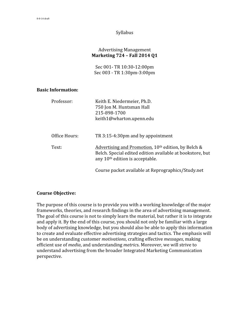 Syllabus Advertising Management Marketing 724 – Fall 2014 Q1 Sec