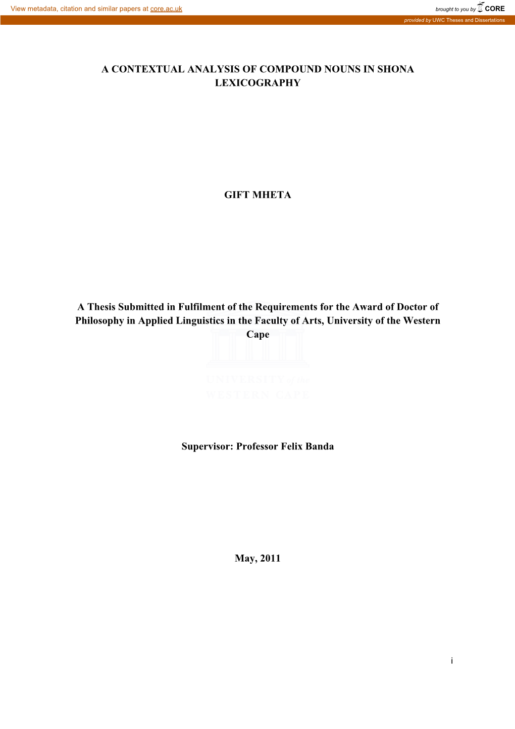 A Contextual Analysis of Compound Nouns in Shona Lexicography