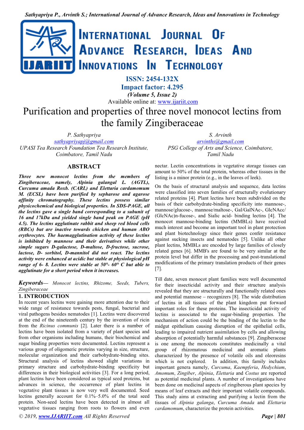 Purification and Properties of Three Novel Monocot Lectins from the Family Zingiberaceae P