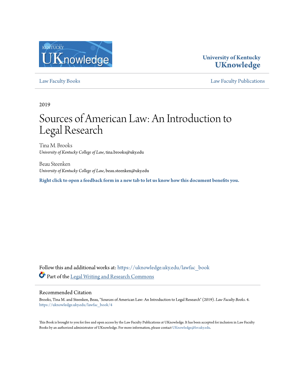 Sources of American Law: an Introduction to Legal Research Tina M