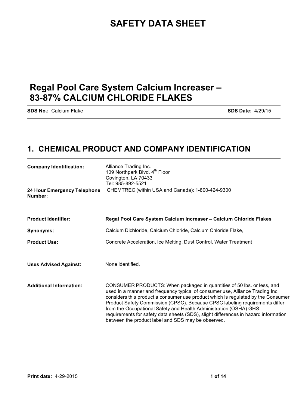 SAFETY DATA SHEET Regal Pool Care System Calcium Increaser