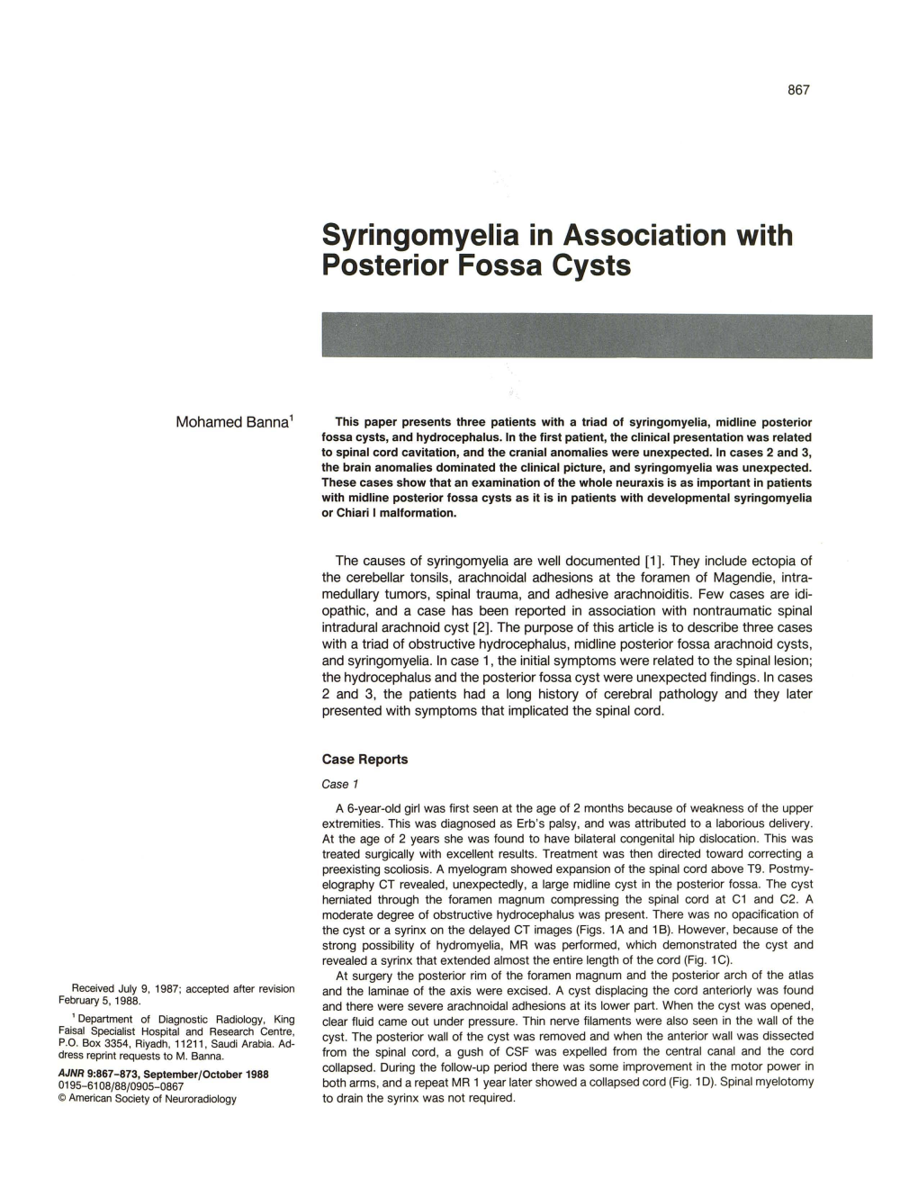 Syringomyelia in Association with Posterior Fossa Cysts