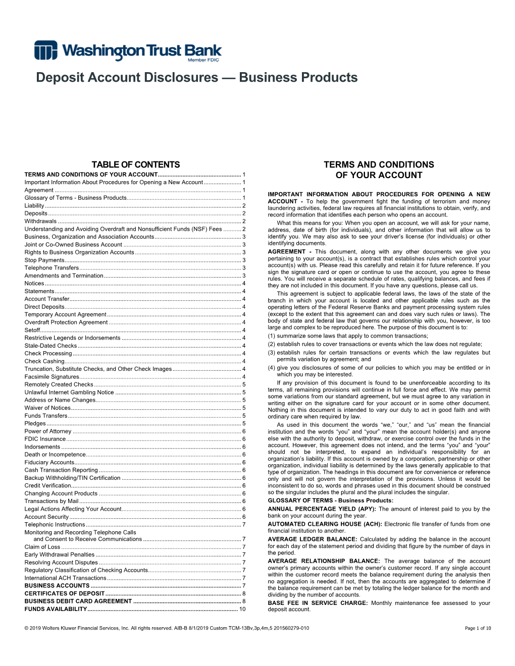 Deposit Account Disclosures Business Products