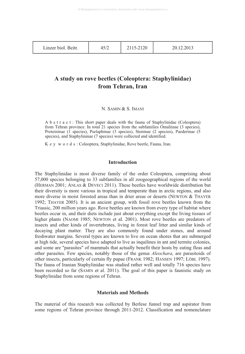 A Study on Rove Beetles (Coleoptera: Staphylinidae) from Tehran, Iran