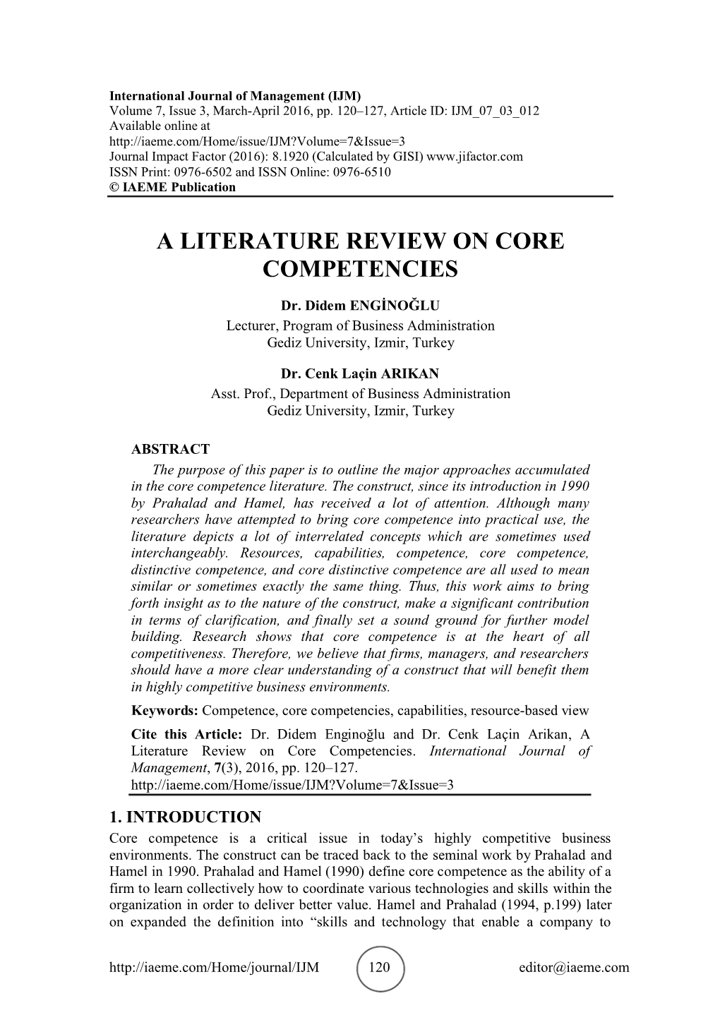 A Literature Review on Core Competencies