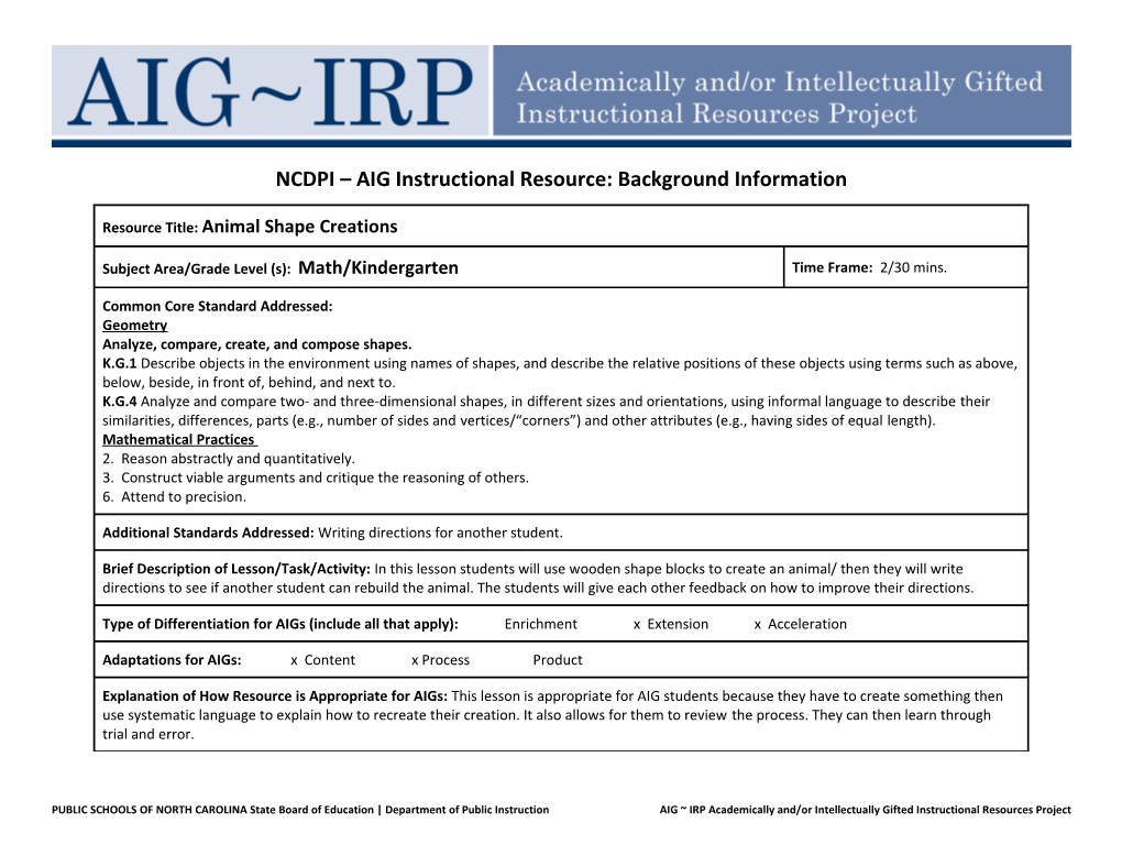 NCDPI AIG Instructional Resource: Background Information s6