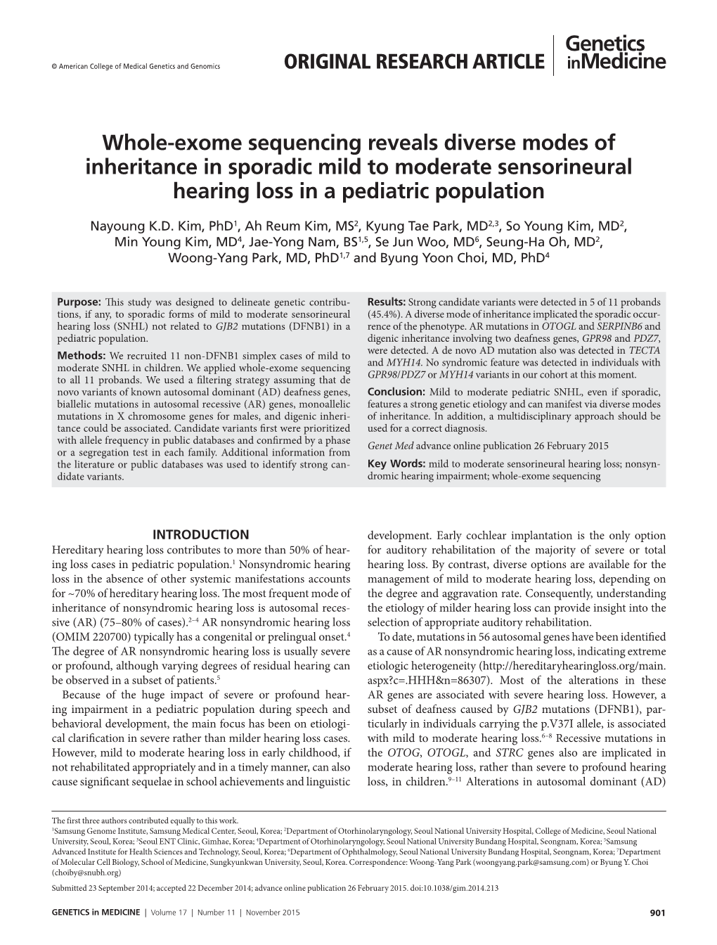 Whole-Exome Sequencing Reveals Diverse Modes of Inheritance in Sporadic Mild to Moderate Sensorineural Hearing Loss in a Pediatric Population