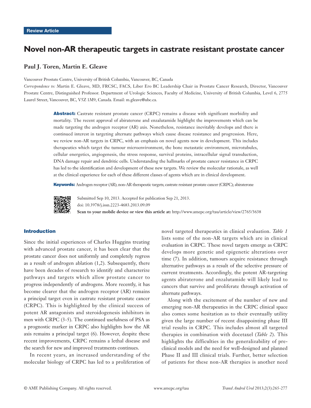 Novel Non-AR Therapeutic Targets in Castrate Resistant Prostate Cancer