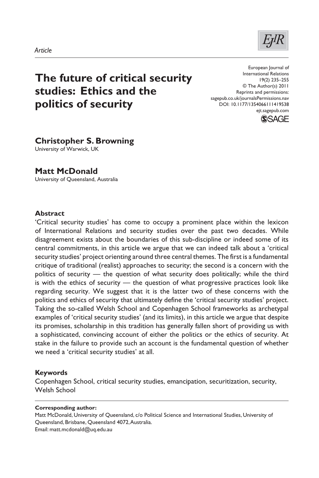 The Future of Critical Security Studies: Ethics and the Politics of Security