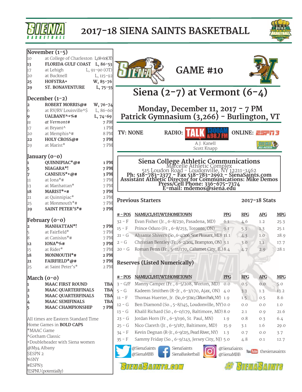 2017-18 SIENA SAINTS BASKETBALL GAME #10 Siena (2