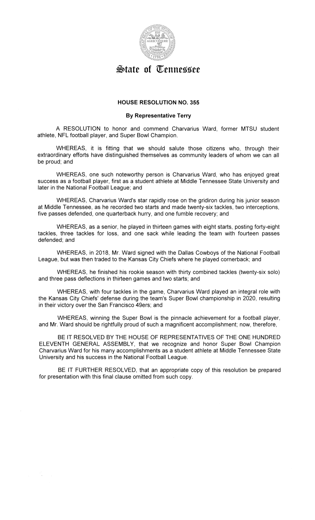 A RESOLUTION to Honor and Commend Charvarius Ward, Former MTSU Student Athlete, NFL Football Player, and Super Bowl Champion