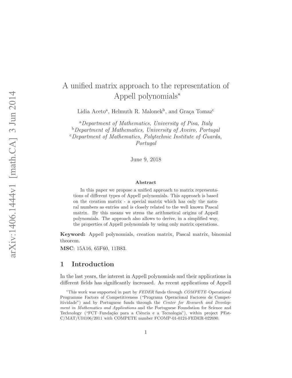 A Unified Matrix Approach to the Representation of Appell Polynomials