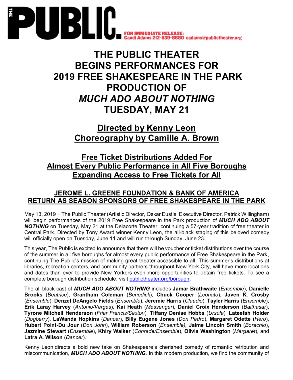 The Public Theater Begins Performances for 2019 Free Shakespeare in the Park Production of Much Ado About Nothing Tuesday, May 21