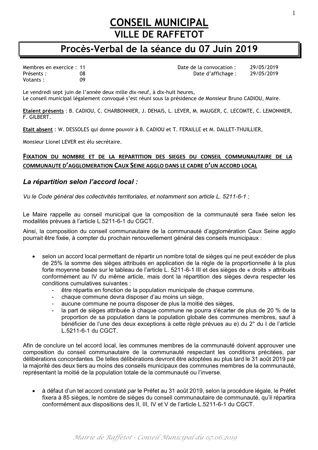CONSEIL MUNICIPAL VILLE DE RAFFETOT Procès-Verbal De La Séance Du 07 Juin 2019