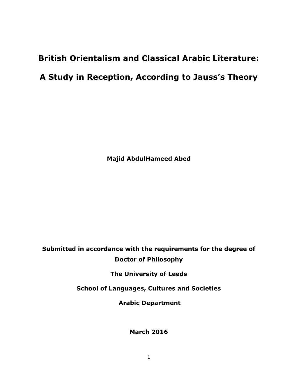 British Orientalism and Classical Arabic Literature: a Study In