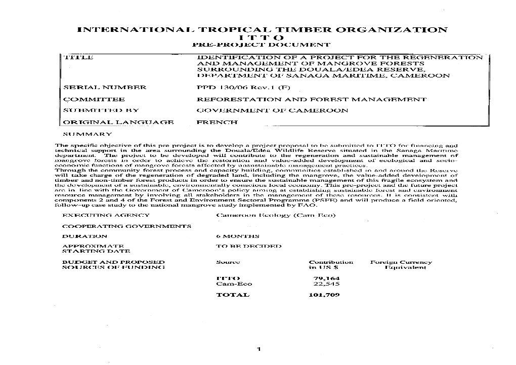 International Tropical Timber Organization Itto Pre-Project Document