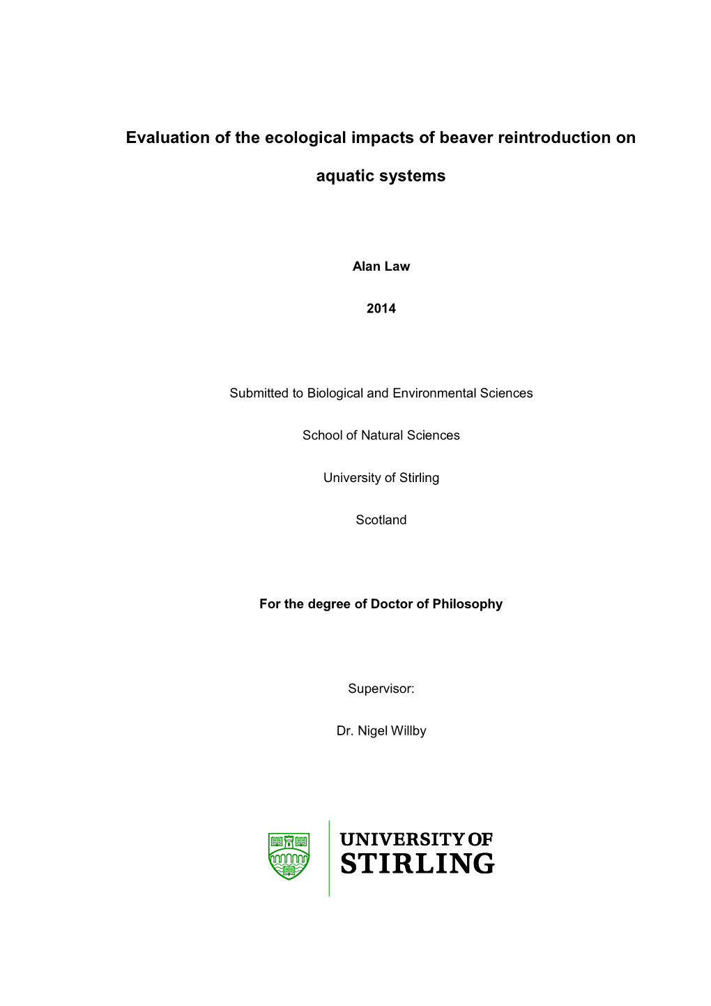 Evaluation of the Ecological Impacts of Beaver Reintroduction on Aquatic