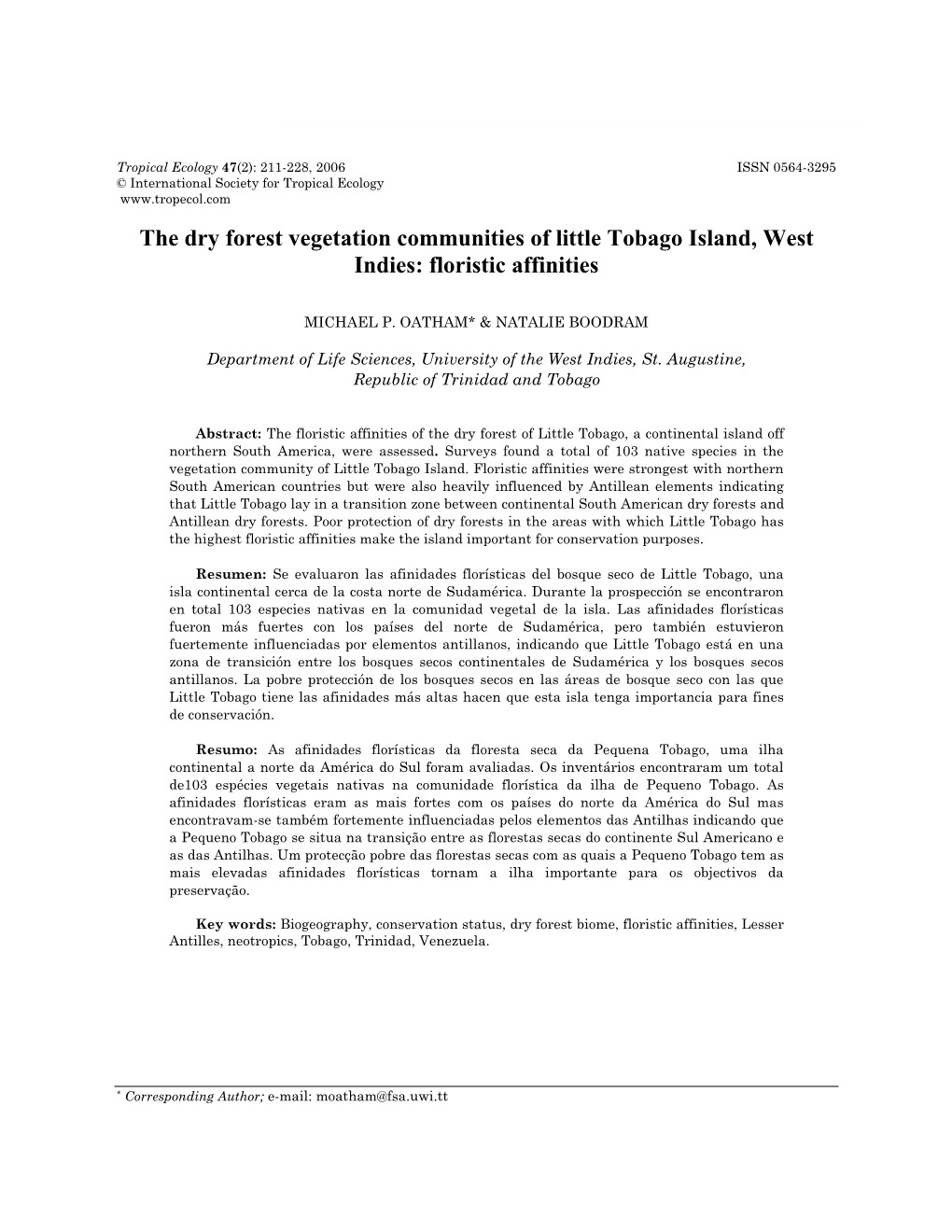 The Dry Forest Vegetation Communities of Little Tobago Island, West Indies: Floristic Affinities