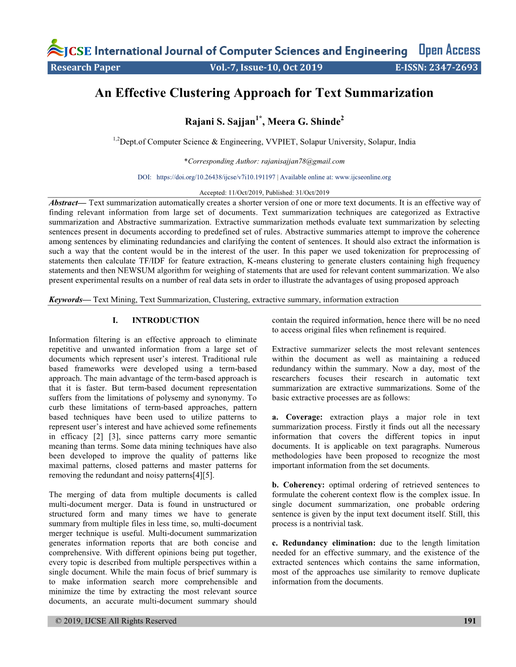 An Effective Clustering Approach for Text Summarization