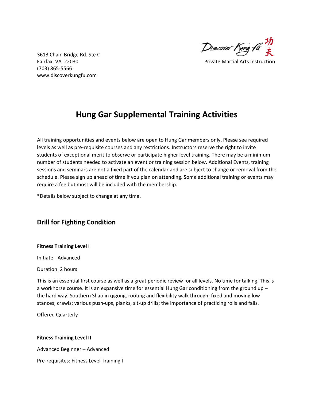 Hung Gar Supplemental Training Activities