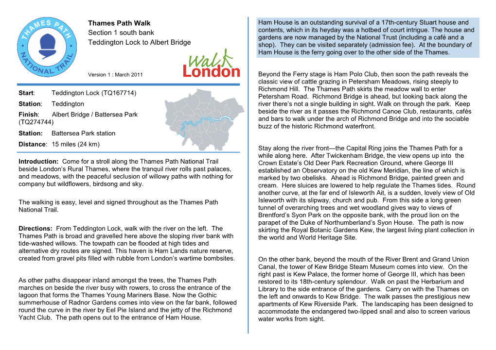 Thames Path Walk Section 1 South Bank Teddington Lock to Albert Bridge