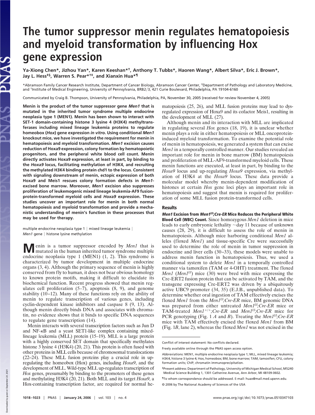 The Tumor Suppressor Menin Regulates Hematopoiesis and Myeloid Transformation by Influencing Hox Gene Expression