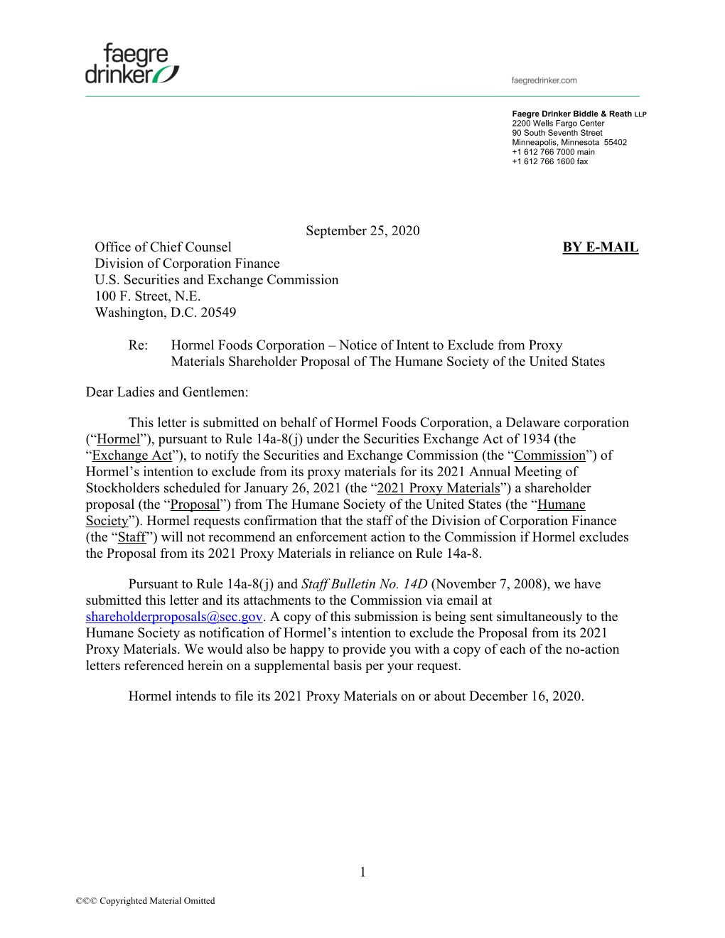 Hormel Foods Corporation; Rule 14A-8 No-Action Letter