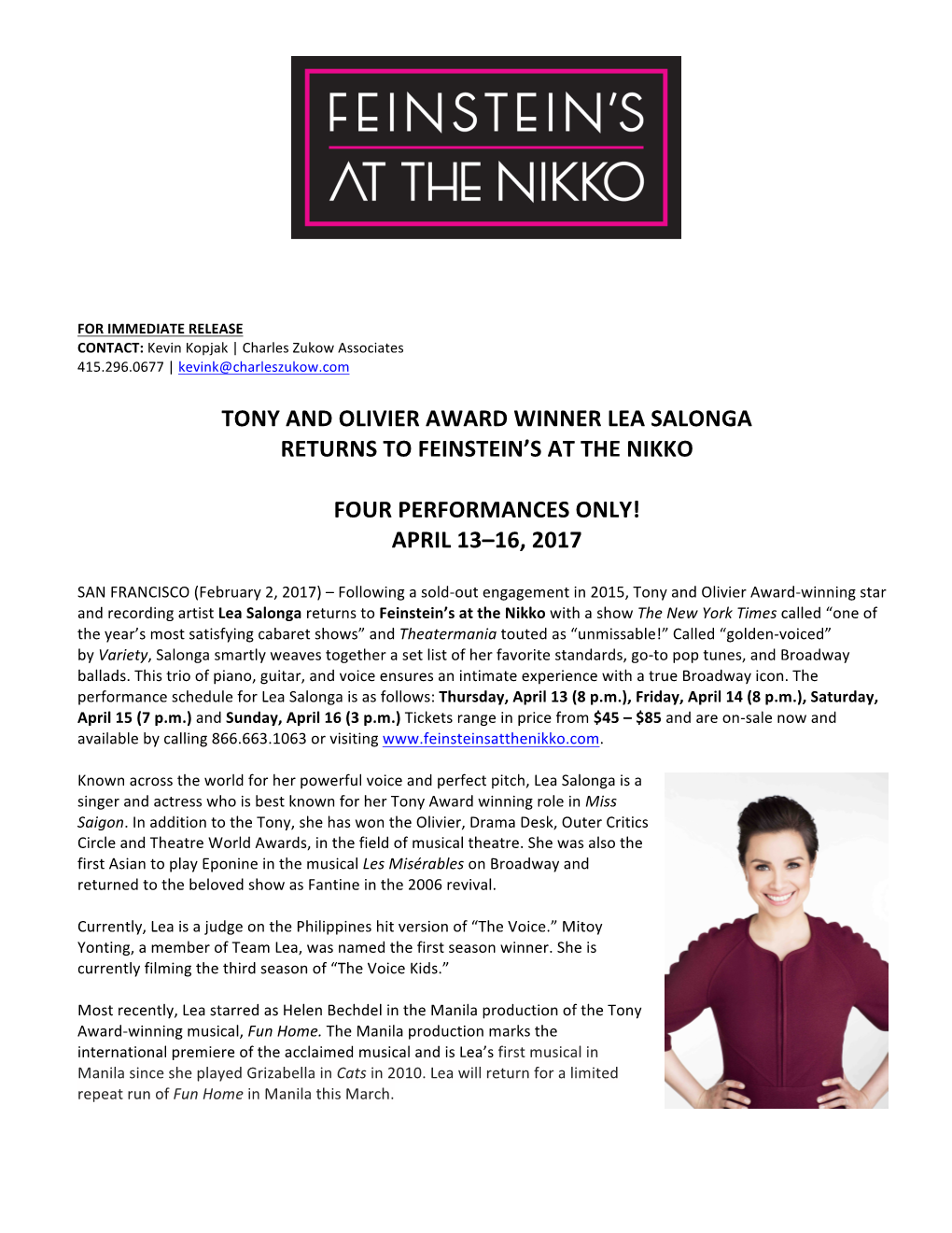 Tony and Olivier Award Winner Lea Salonga Returns to Feinstein’S at the Nikko