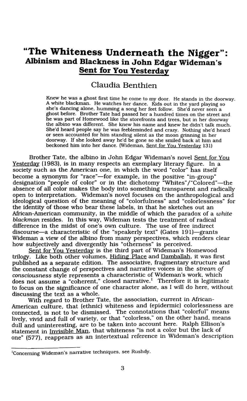 "The Whiteness Underneath the Nigger": Albinism and Blackness in John Edgar Wideman's Sent for You Yesterday Claudia Benthien