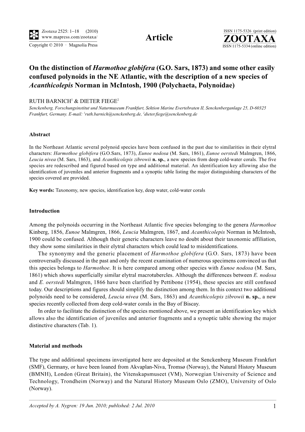 Zootaxa, on the Distinction of Harmothoe Globifera