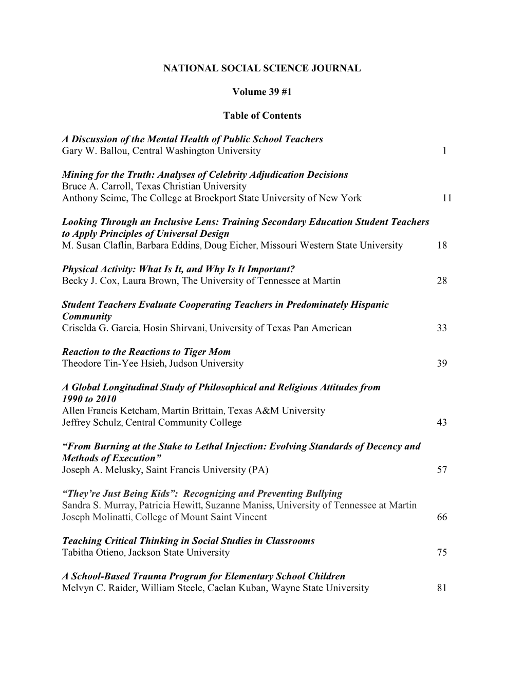 NATIONAL SOCIAL SCIENCE JOURNAL Volume 39 #1 Table Of