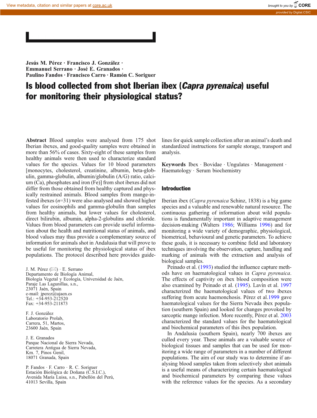 Is Blood Collected from Shot Iberian Ibex (Capra Pyrenaica) Useful for Monitoring Their Physiological Status?