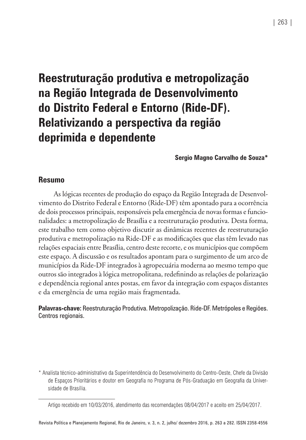 (Ride-DF). Relativizando a Perspectiva Da Região Deprimida E Dependente