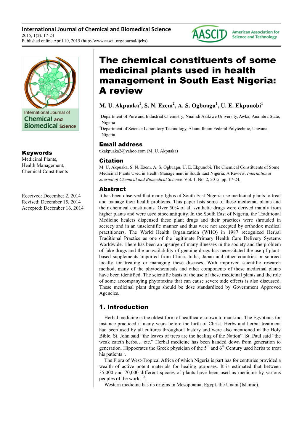 The Chemical Constituents of Some Medicinal Plants Used in Health Management in South East Nigeria: a Review