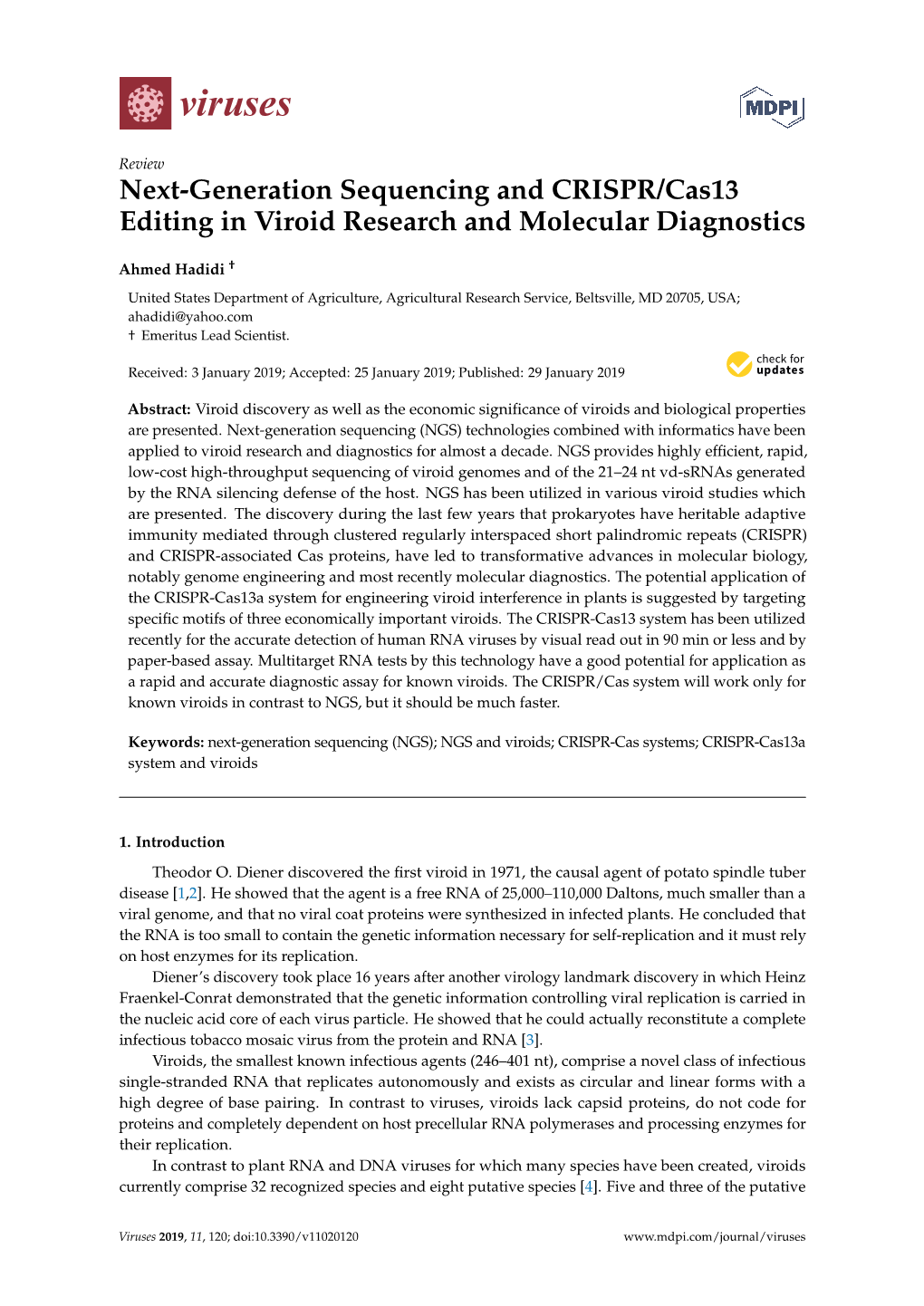 Next-Generation Sequencing and CRISPR/Cas13 Editing in Viroid Research and Molecular Diagnostics