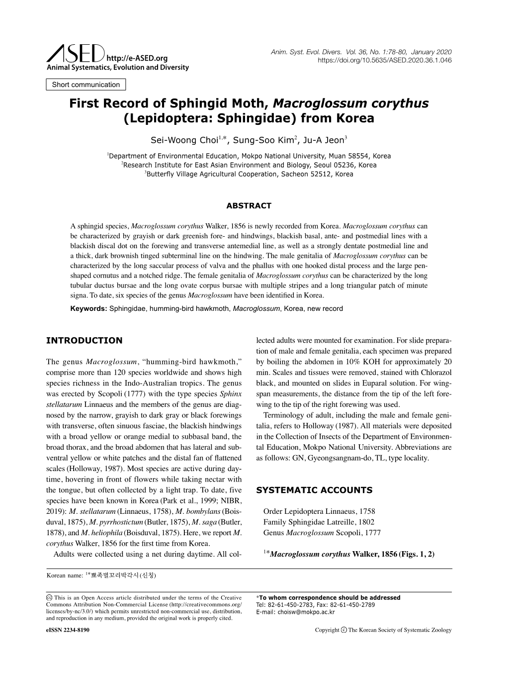 First Record of Sphingid Moth, Macroglossum Corythus (Lepidoptera: Sphingidae) from Korea