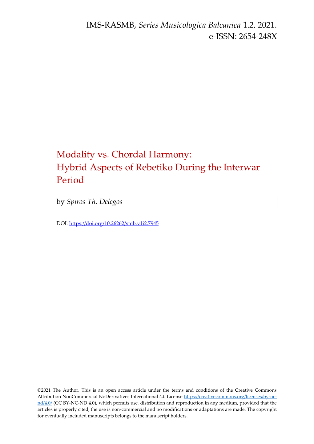 Modality Vs. Chordal Harmony: Hybrid Aspects of Rebetiko During the Interwar Period