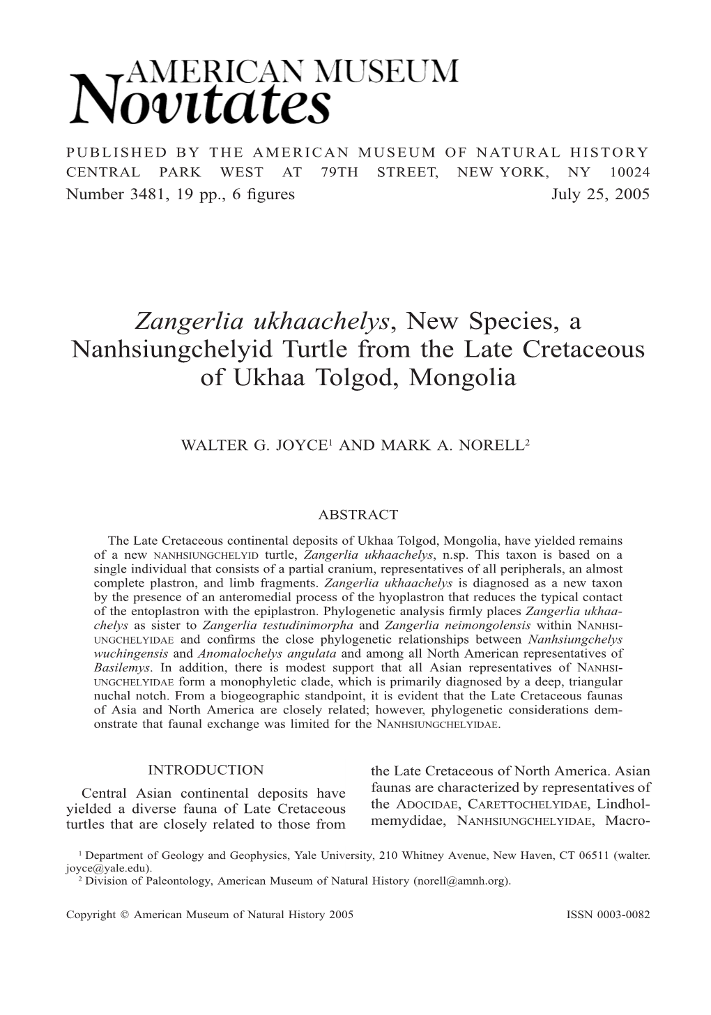 Zangerlia Ukhaachelys, New Species, a Nanhsiungchelyid Turtle from the Late Cretaceous of Ukhaa Tolgod, Mongolia