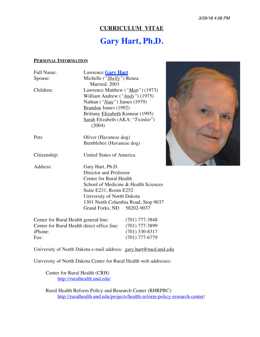 CURRICULUM VITAE Gary Hart, Ph.D