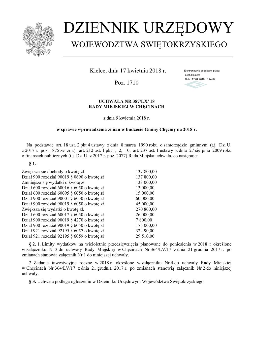 Uchwala Nr 387/LX/ 18 Z Dnia 9 Kwietnia 2018 R