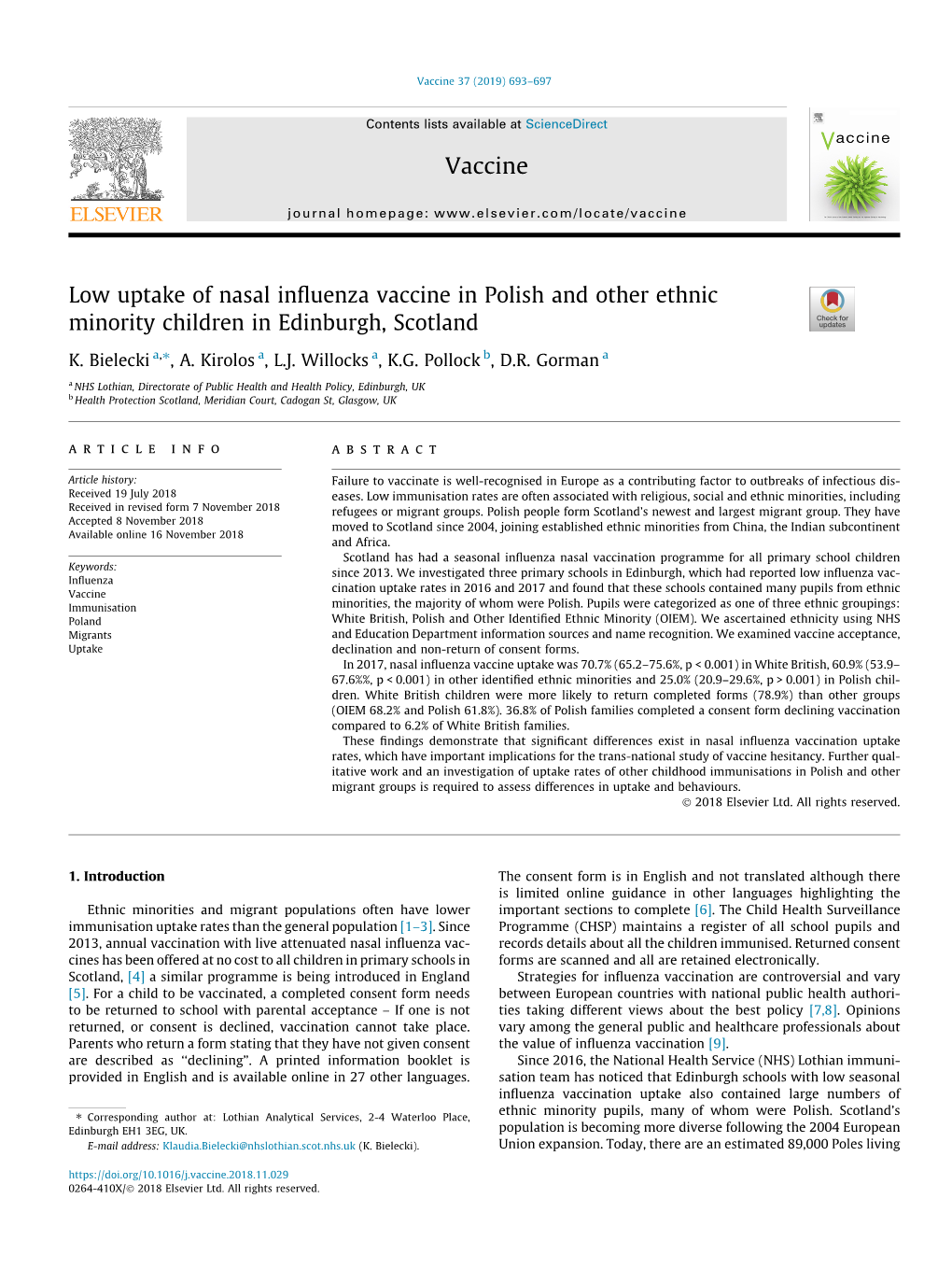 Low Uptake of Nasal Influenza Vaccine in Polish and Other Ethnic Minority Children in Edinburgh, Scotland