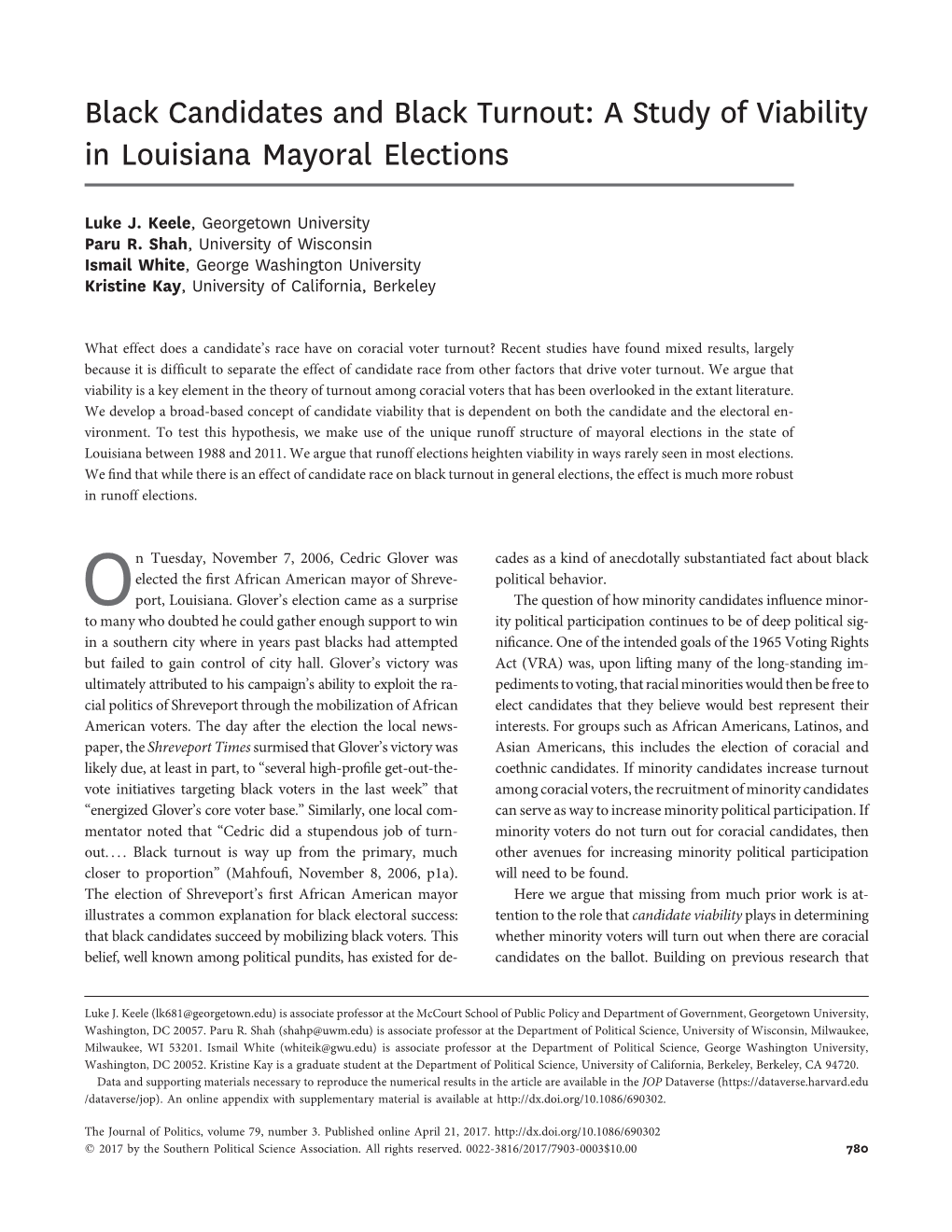 Black Candidates and Black Turnout: a Study of Viability in Louisiana Mayoral Elections