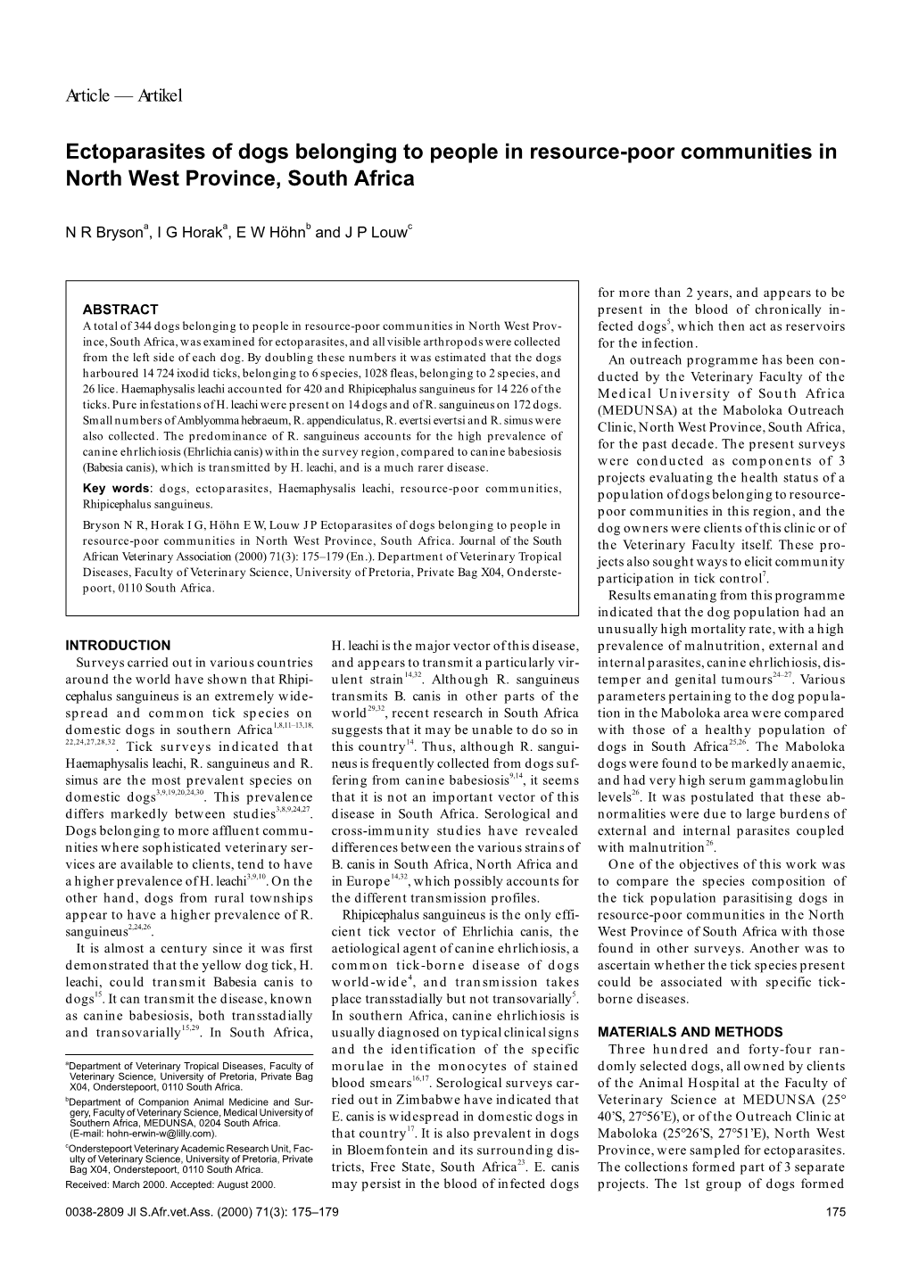 Ectoparasites of Dogs Belonging to People in Resource-Poor Communities in North West Province, South Africa