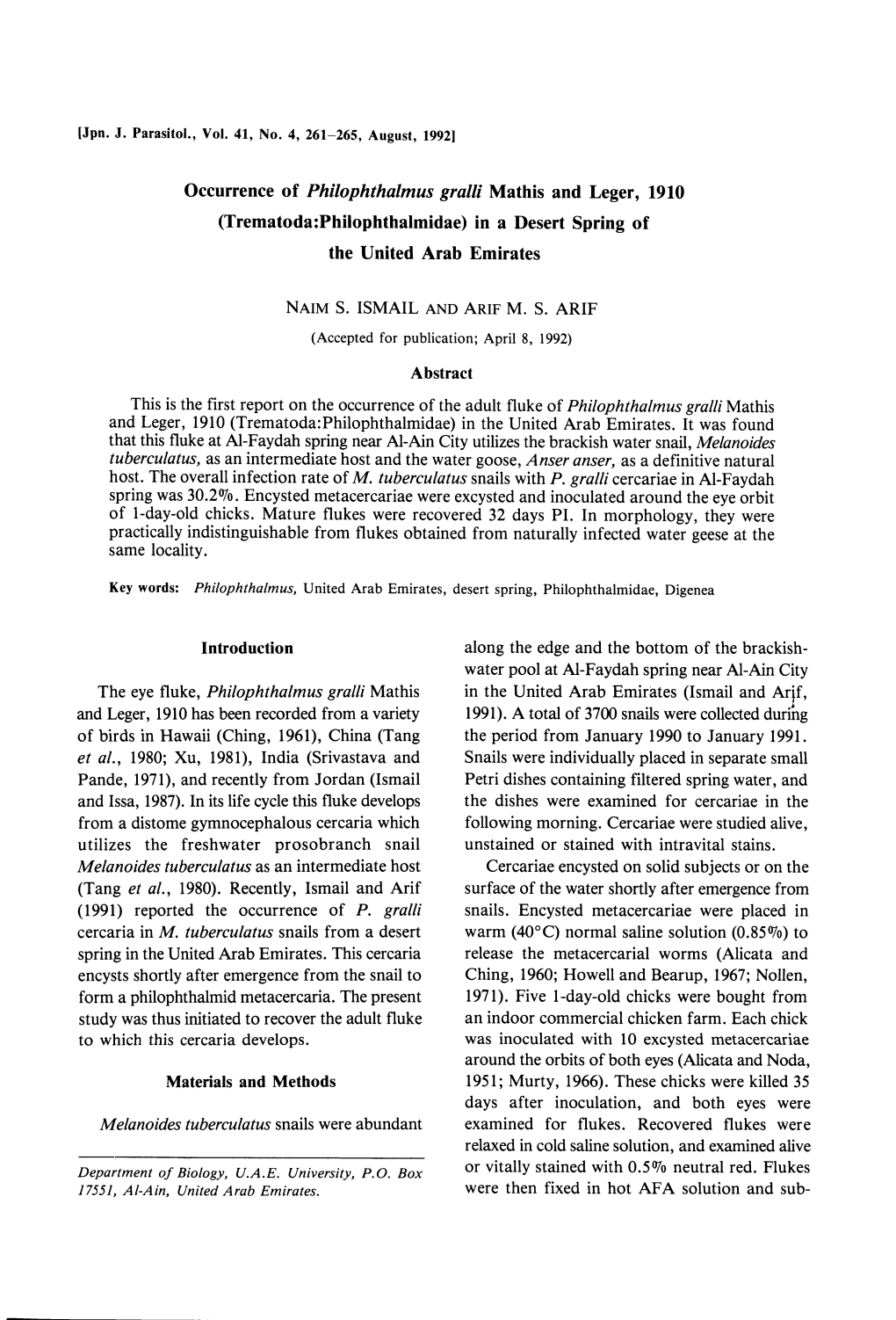 Occurrence of Philophthalmus Gralli Mathis and Leger, 1910 (Trematoda