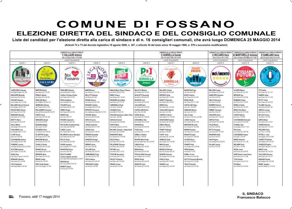 Liste Dei Candidati Per L'elezione Diretta Alla Carica Di Sindaco E Di N. 16 Consiglieri Comunali, Che Avrà Luogo DOMENICA 2