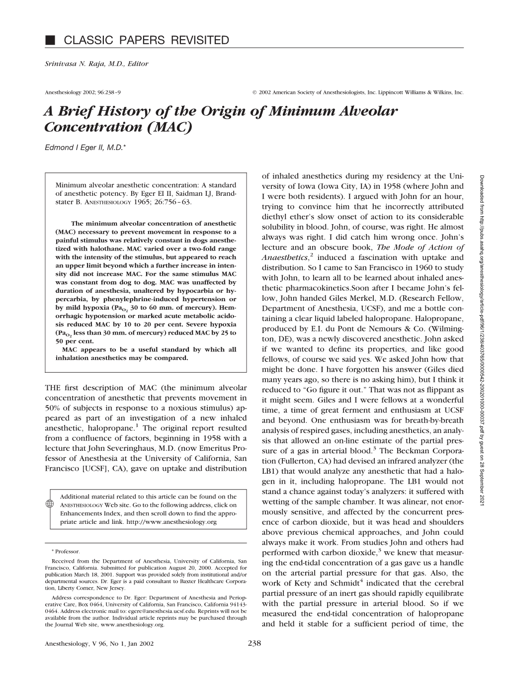 A Brief History of the Origin of Minimum Alveolar Concentration (MAC)